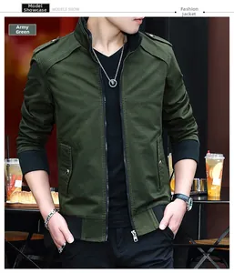 Detailed view of army green slim fit utility jacket with stand collar and epaulettes