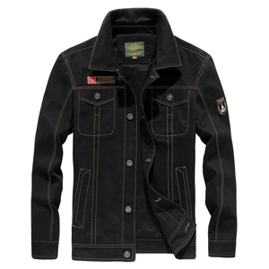 Classic black cotton workwear jacket for men featuring flap pockets and fashion patches