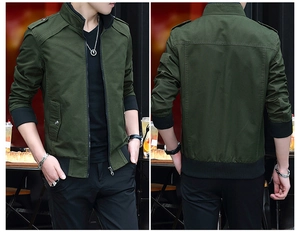 Front and back view of men's army green military bomber jacket with ribbed cuffs