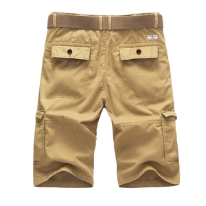 Men's khaki multi-pocket cargo shorts with woven belt and relaxed fit cotton canvas