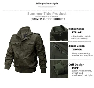 Detail view of army green cotton military jacket featuring ribbed collar and metal zipper