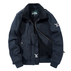 Dunkelblaue Herren-Winter-Bomberjacke mit schwarzem Lammfellkragen und Rippbündchen