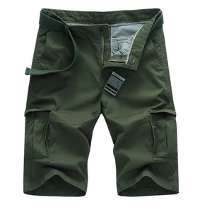 Olive green cargo shorts for men with multiple pockets and a woven belt in solid cotton