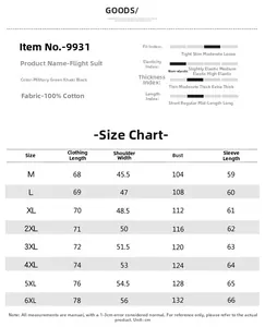 Detailed size chart for cotton flight jacket featuring measurements from M to 6XL