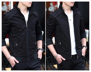 Detail view of men's slim fit black jacket featuring ribbed stand collar and metal zipper