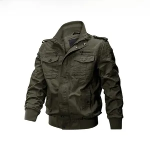 Detail of army green military bomber jacket featuring flap chest pockets and epaulettes