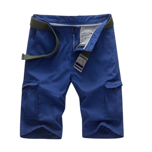 Men's loose cargo shorts in navy blue with multi-pockets and green canvas belt