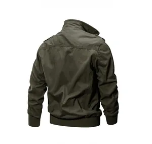 Detail of army green military cotton jacket with ribbed cuffs and shoulder straps back view