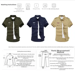 Detailed size chart and washing care guide for military style short sleeve utility shirts
