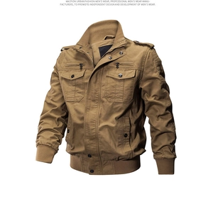 Detail of dark khaki cotton canvas work jacket with stand collar and epaulettes