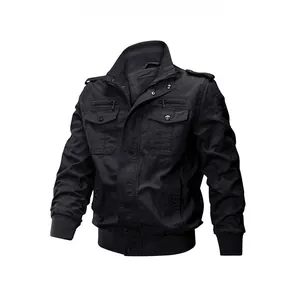 Close-up of black stand-collar cotton jacket with zipper pockets and epaulettes