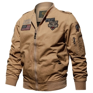 Men's Military Bomber Jacket Pure Cotton Tactical Air Force Flight Coat Casual Outerwear With Embroidery Patches Ribbed Trim