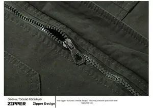 Close-up detail of smooth metal zipper and olive green twill cotton fabric on jacket