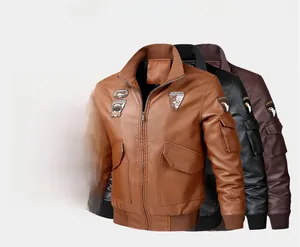 Detail of high-quality PU leather bomber jackets with embroidery and elastic ribbed cuffs