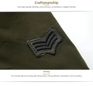Detail of high-quality sewing and military chevron printing on green cotton shirt sleeve