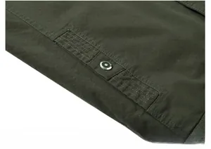 Detail view of cotton jacket side pocket with reinforced double stitching and olive twill fabric