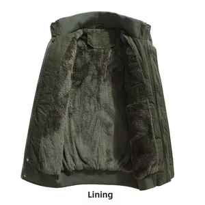 Detail of army green cotton jacket featuring warm brown faux shearling inner lining