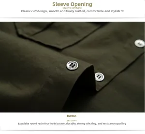 Detailed macro view of classic cuffs and resin buttons on dark green tactical shirt