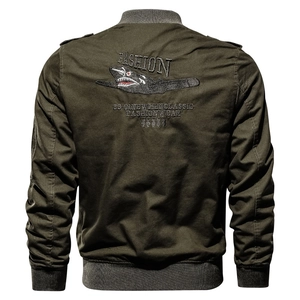 Army green bomber jacket for men featuring classic embroidery on the back and ribbed cuffs