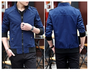 Slim fit navy blue men's casual jacket with stand collar and black ribbed trim details