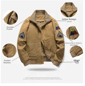 Detail view of khaki MA1 flight jacket showing thick fleece lining and embroidery patches