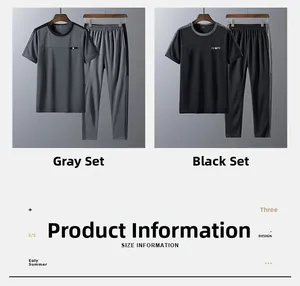 Detail of grey and black men's summer sports suits featuring short sleeves and side stripes