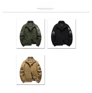 Detailed comparison of aviator jackets in army green, black, and khaki with military patches