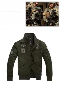 Detailed embroidery patches on army green cotton military bomber jacket for men
