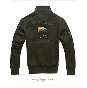 Detail view of military green bomber jacket featuring eagle embroidery on the back panel