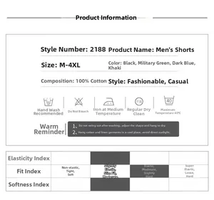 Detailed sizing chart and care instructions for 100% cotton casual men's cargo shorts