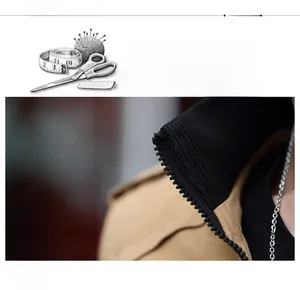 Detailed macro view of high-quality metal zipper and textured cotton fabric on khaki jacket