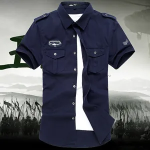 Men's navy blue short sleeve military style shirt with dual pockets and army patches