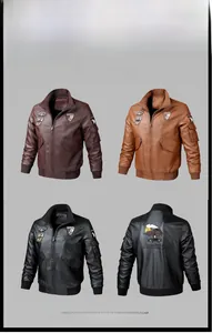 Detail of military-style embroidered patches and ribbed knit collar on PU leather jacket