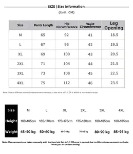 Detailed size chart for men's casual shorts with measurements and weight recommendations