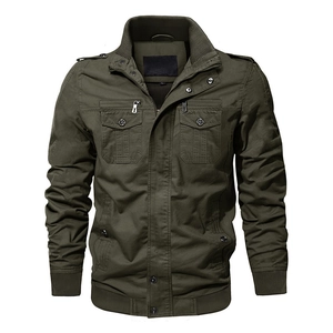 Military style men's olive green cotton jacket with stand collar and zipper pockets