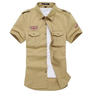 Men's khaki military style short sleeve work shirt with shoulder straps and cargo pockets