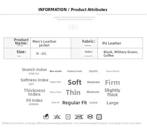 Size chart and material specs for men's PU leather jacket showing colors and fit details