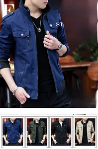 Slim fit men's casual jacket featuring stand collar and stylish shoulder straps detail