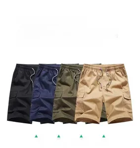 Detail view of cargo shorts in black, navy, army green, and khaki with drawstring waist