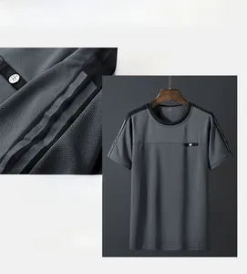 Close-up of men's dark grey mesh t-shirt fabric with breathable texture and black stripes