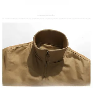 Close-up of ribbed turndown collar and metal zipper on khaki MA1 flight jacket