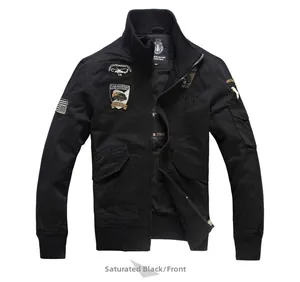 Detailed front view of black military bomber jacket with embroidered eagle attack patches