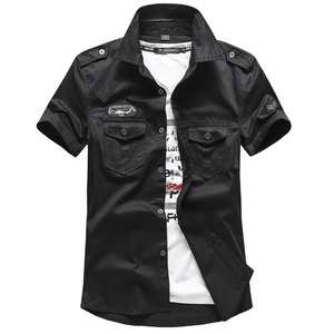 Men's black cotton military utility shirt with shoulder straps and helicopter embroidery