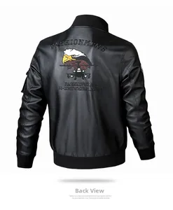 Detailed back embroidery of eagle and helicopter on a black faux leather biker jacket