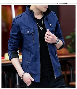Detail of dark blue men's casual jacket featuring stand collar and ribbed cuffs