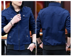 Navy blue men's casual jacket featuring military epaulettes and ribbed cuffs
