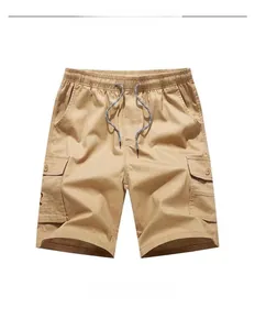 Flat lay of khaki cargo shorts for men with elastic drawstring waist and side flap pockets