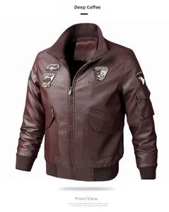 Detailed view of deep coffee pilot jacket featuring military patches and ribbed cuffs