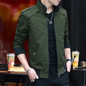 Men's Casual Stand Collar Military Jacket Cotton Slim Fit Solid Color Zipper Epaulets Ribbed Trim Long Sleeve Fashion Coat