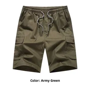Detail view of army green cargo shorts featuring elastic drawstring waist and side flap pockets